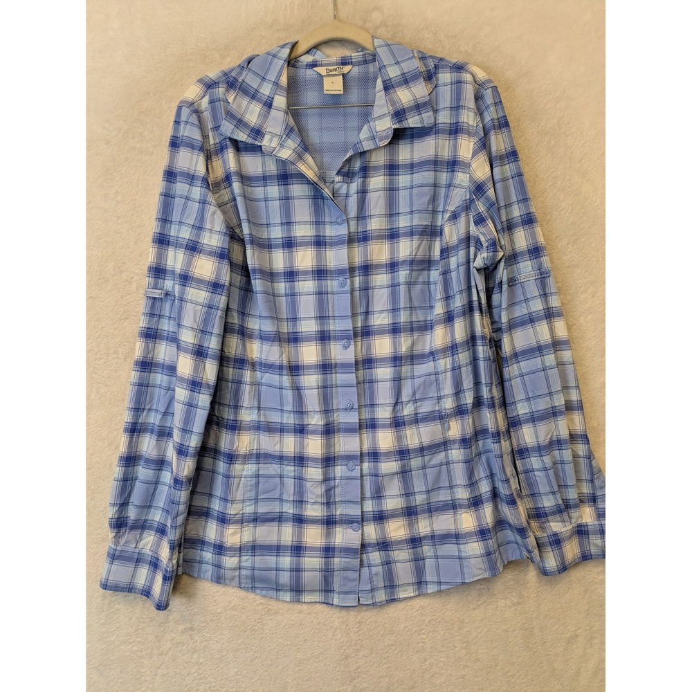 Duluth Trading Co Button Up Shirt Women's Large Blue Plaid Nylon Spandex